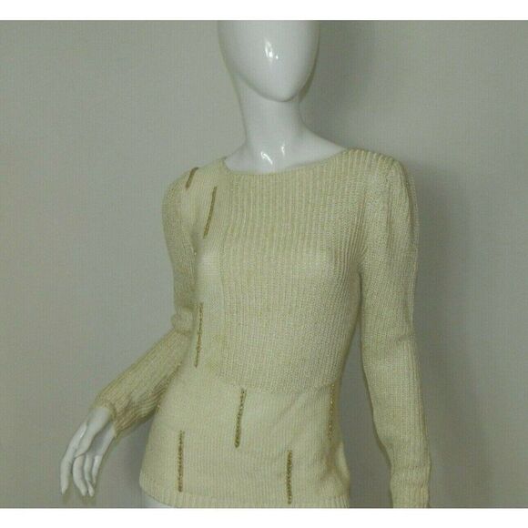 Nannell Sweater Vintage Knit Ivory‎ Gold Puffy Sleeves Art Deco Size Small - Picture 8 of 9